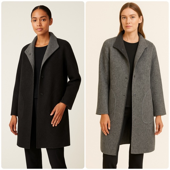🧥 EILEEN FISHER L REVERSIBLE Alpaca Wool Blend Coat Jacket Gray Charcoal Warm✨ - Picture 1 of 9